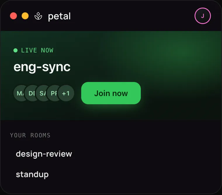 Petal’s main menu with a live room and the list of your rooms