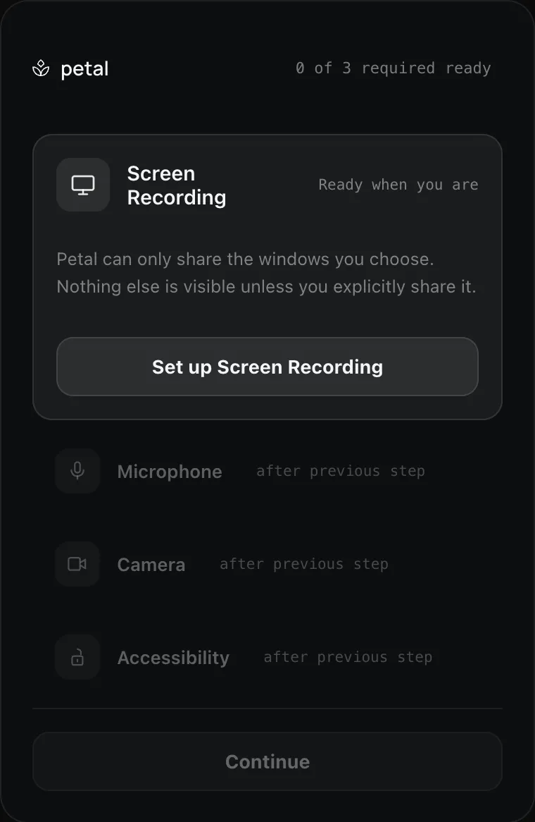 Petal’s first-launch permission checklist on macOS