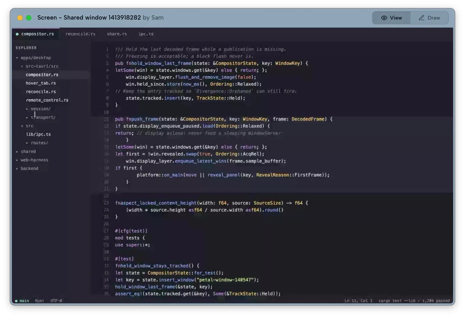 A teammate’s shared code editor rendered as its own native window on your desktop