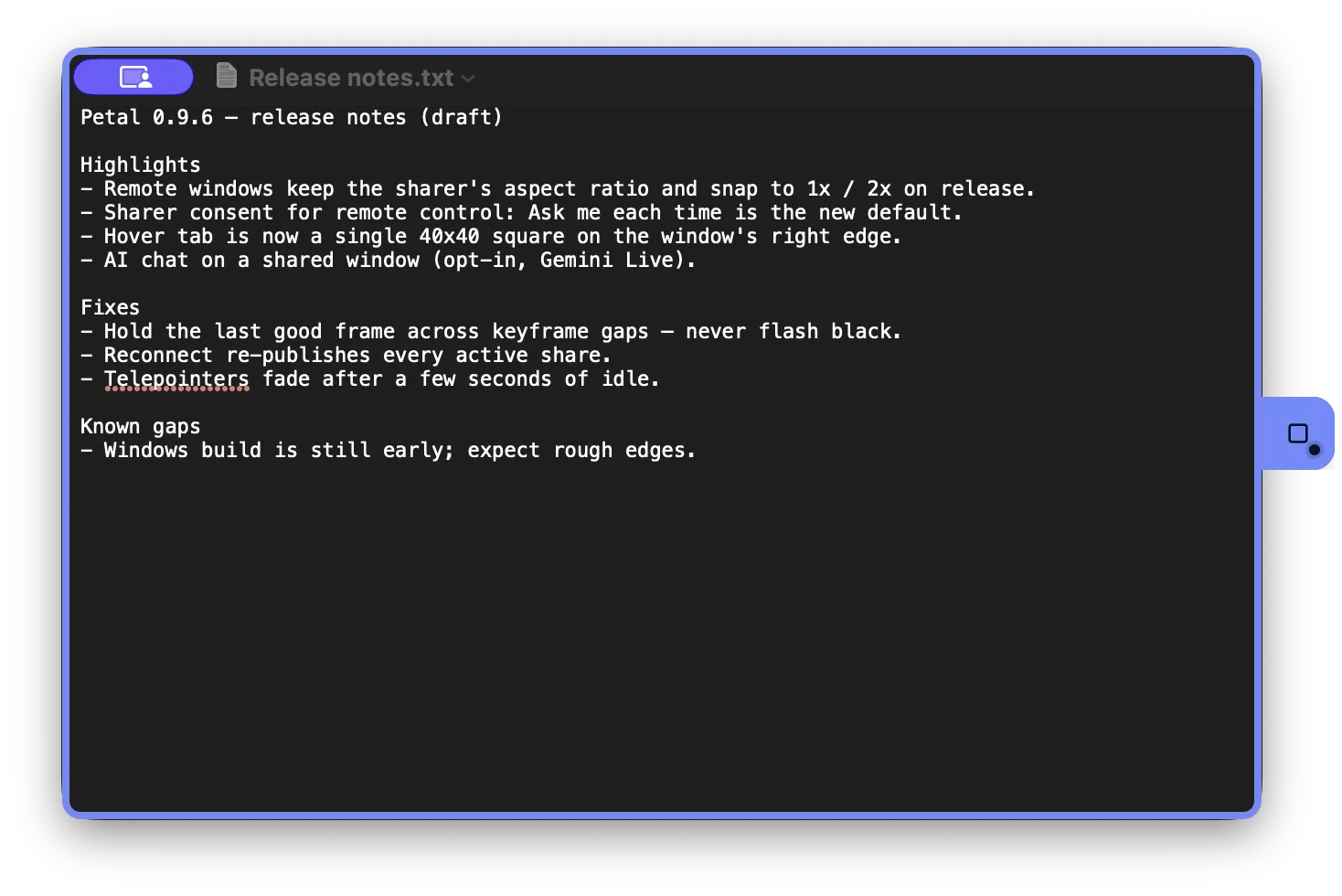 A shared TextEdit window on the sharer’s Mac, with the identity-colored border and the hover tab on its right edge