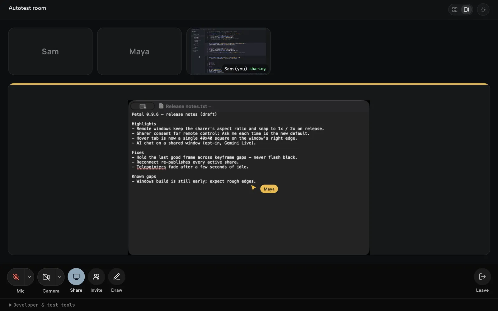 The browser client showing a native participant’s shared window with the sharer’s telepointer over it